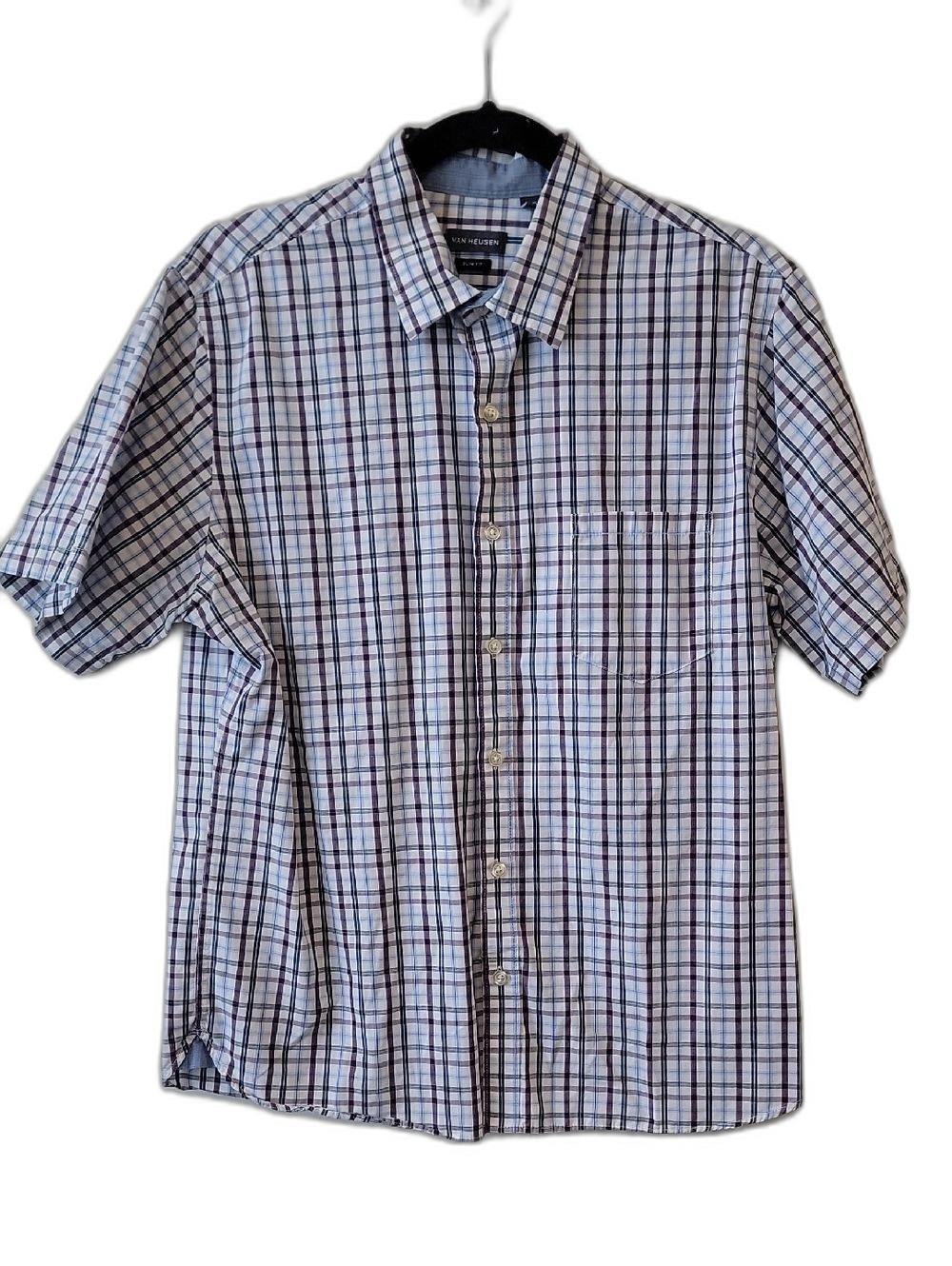Van Heusen Short-Sleeve Plaid Button-Down Shirt - White, Blue & Purple